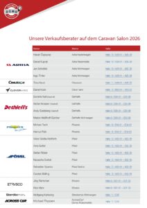 Übersicht der Dümo Verkaufsberater auf dem Caravan Salon 2026 mit Ansprechpartnern, Marken sowie den jeweiligen Hallen- und Standnummern auf dem Messegelände.